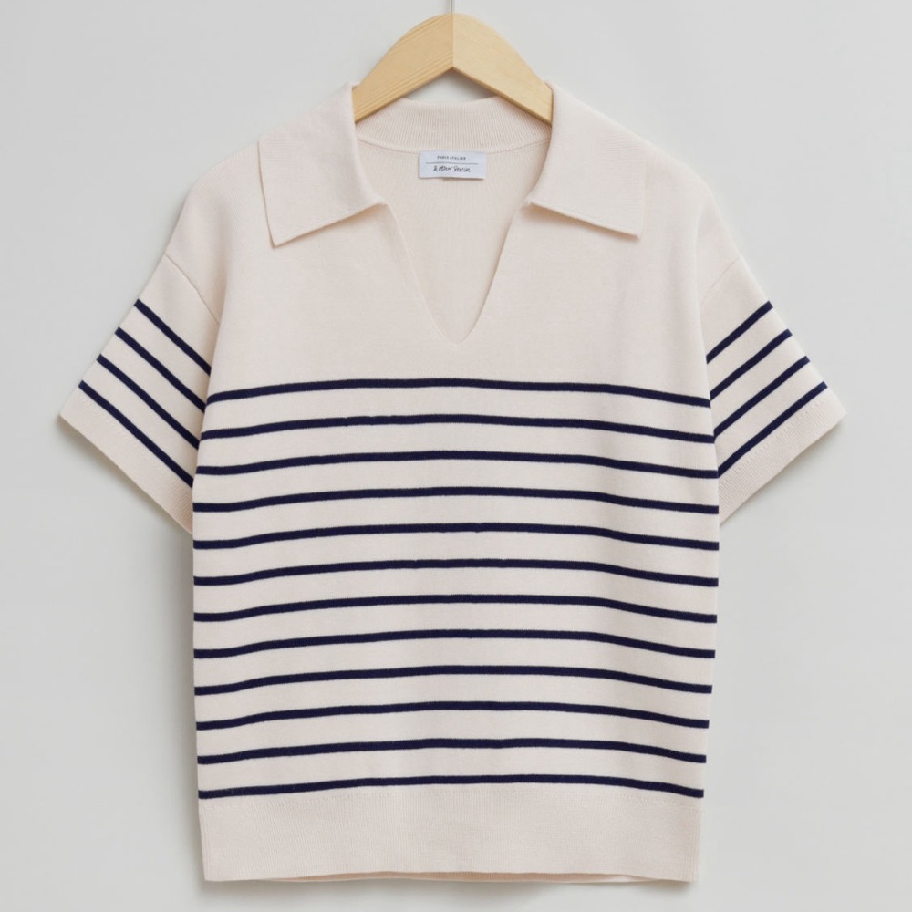 & Other Stories Open Collar Striped Short Sleeve Sweater